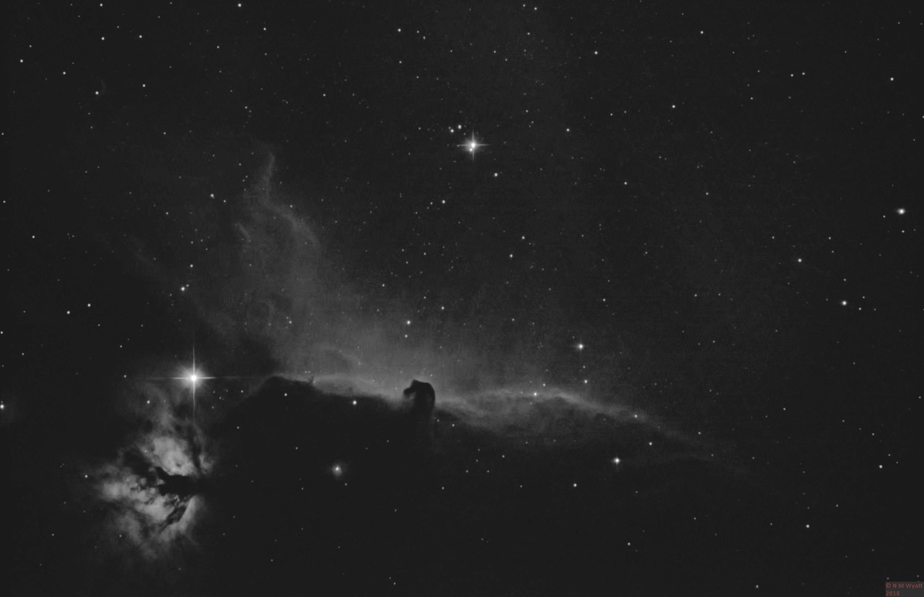 Horsehead and Flame nebulas in Hydrogen Alpha (Ha) light